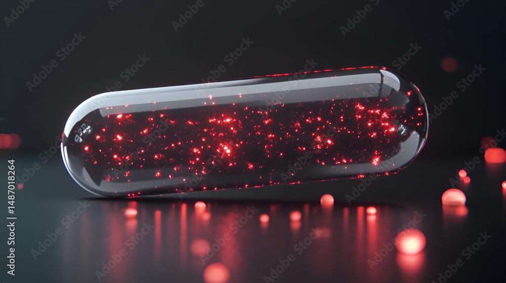 Poster glowing red particles inside transparent capsule on dark background
