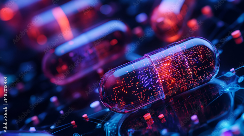 Poster glowing transparent pills with digital data network background