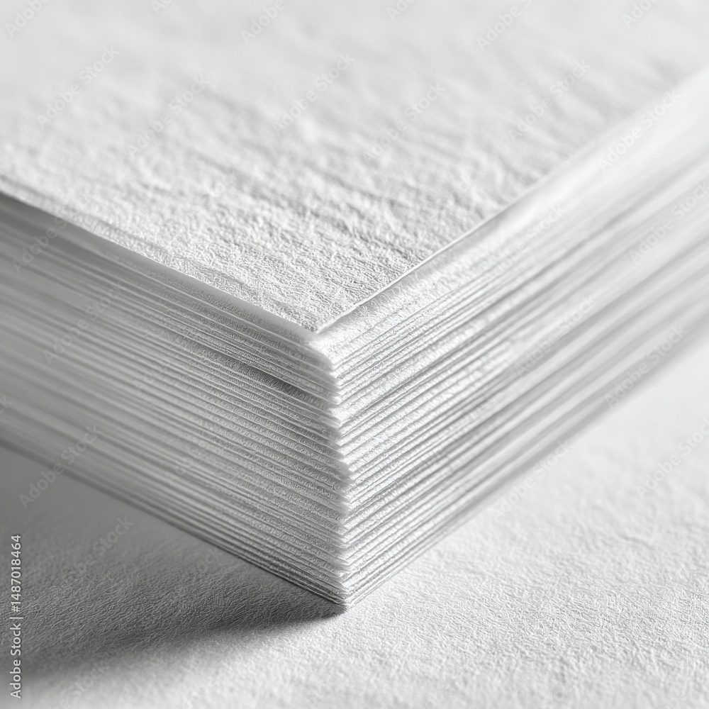 Poster stack of textured white paper: macro close-up of clean, crisp sheets with visible fiber detail