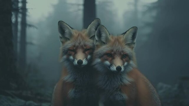 Two foxes standing together in a foggy forest. 
