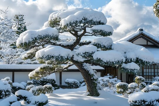 Winter scene of a japanese garden with a snow covered pine tree and architecture