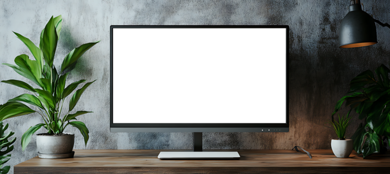 Transparent PNG screen LED monitor on a wooden table, with an empty wall behind for copy. - Perfect for personalized branding or ad content.