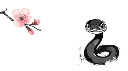 Obraz premium A black snake in the Sumie style, an ink painting technique, on a white background. 