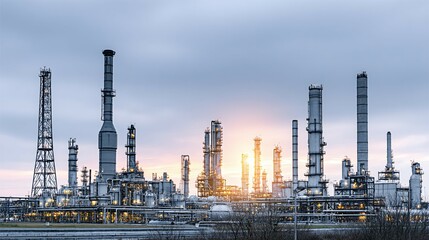 Fototapeta premium Industrial complex with smokestacks and pipelines against a cloudy sky at sunset.