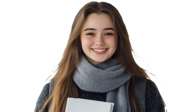 Smiling female student with backpack and holding book, isolated on white or transparent background