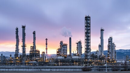 Obraz premium Industrial complex with smokestacks and pipes against a sunset sky.