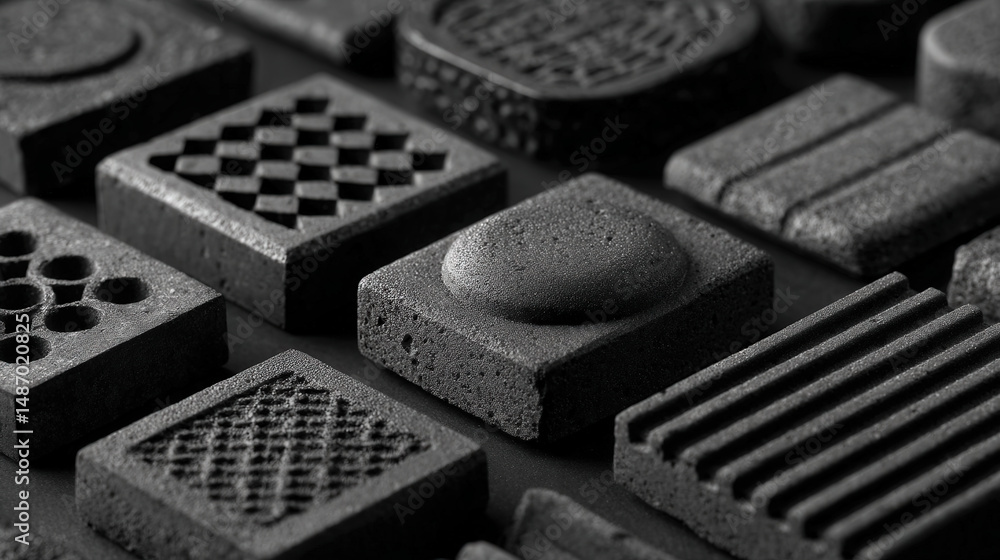 Poster matte black 3d block structures showcasing unique textures for architectural design and inspiration