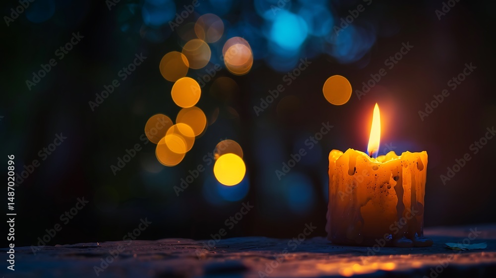 Poster illuminated candle flame burning in dark atmosphere with soft bokeh background
