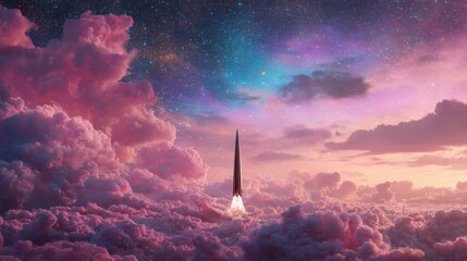 Fototapeta premium Rocket Launching Into Vibrant Clouds Under Starry Sky at Dusk with Beautiful Color Palette of Pink, Purple, and Blue Illuminating the Scene
