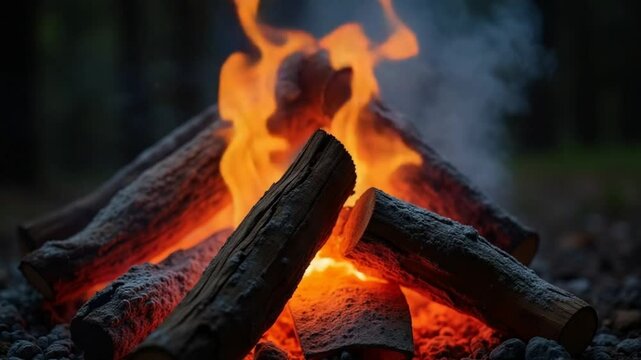Oak wood fire in a Barbecue in ash and smoke
