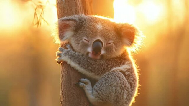 Cute koala hugging tree trunk in morning sunlight. 