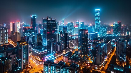 Fototapeta premium Illuminated City Skyline At Night Showcasing Modern Architecture And Lights