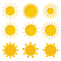 Sun icon set. Yellow and black Color. Vector Illustration. Shine sun ray set. Sunset icon collection. 