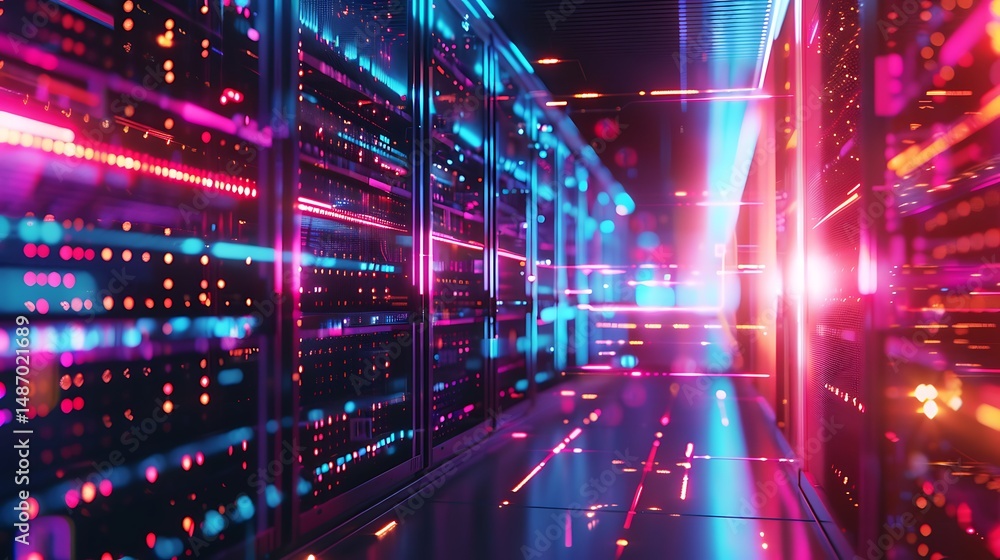 Aufkleber illuminated server racks in data center with blue and red neon lights