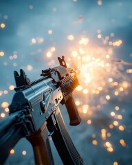 Fototapeta premium Closeup Assault Rifle Firing Sparks and Fire