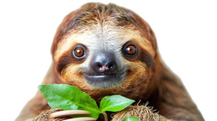 Fototapeta premium Sloth Face Close‑Up With Green Leaf 