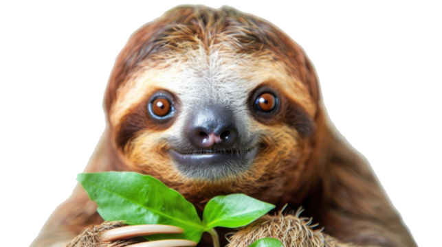 Sloth Face Close‑Up With Green Leaf
