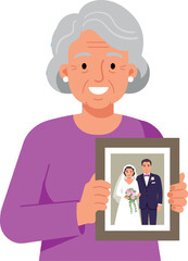 Elderly woman holding wedding photo of bride and groom in purple top vector illustration 
