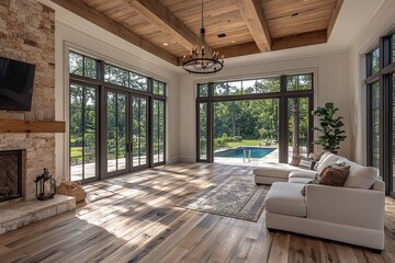 Obraz premium Large room with white oak flooring, sliding glass doors to outdoor pool, light wood ceiling beams, and chandelier on side wall in modern home interior