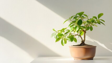 Fototapeta premium Aerial View of a Lush Green Bonsai Tree in a Brown Pot Against a White Wall