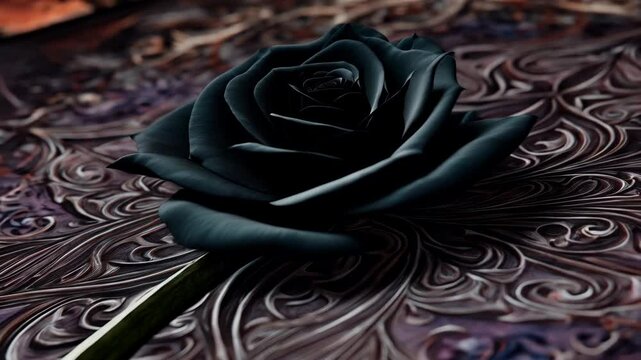 Elegant single black rose with detailed pattern, gothic floral arrangement on decorative background, dark aesthetic flower, dramatic.