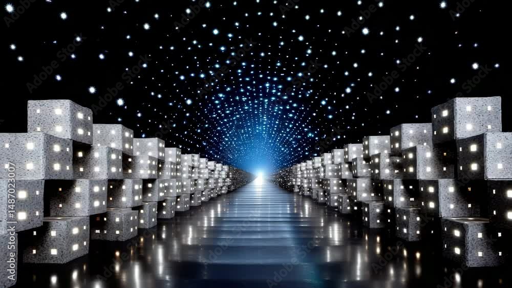 Aufkleber glowing dice cubes reflective tunnel with starry light creating futuristic glowing cube light tunnel