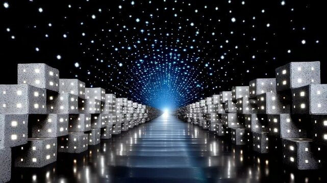 Glowing dice cubes reflective tunnel with starry light creating futuristic glowing cube light tunnel