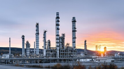 Obraz premium Industrial plant with pipelines and towers against a sunset sky.