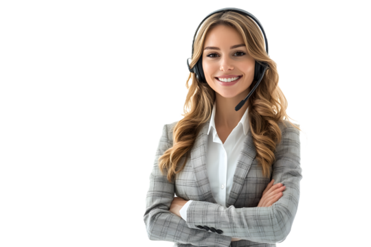 Smiling young female call center agent wearing headset, placed on white or transparent background