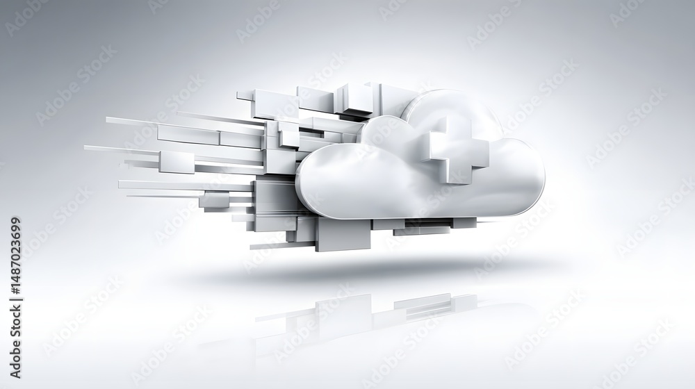 Poster a conceptual representation of cloud computing in healthcare, featuring a cloud icon surrounded by h