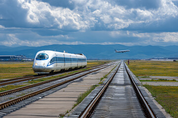 Fototapeta premium 015-046-338-u8969375333_A_high-speed_train_near_an_airport_runway._--ar_3_0dae7b8b-a205-4a72-925f-24c4726faf39_0