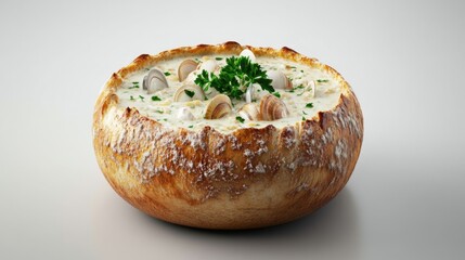 Creamy Clam Chowder in Edible Bread Bowl with Fresh Herbs