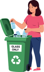 Woman Recycling Glass Bottles in Green Bin for Environmental Conservation and Waste Management 