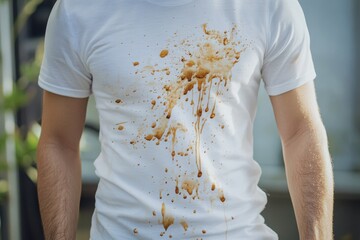 Brown Stain on White TShirt Mens Fashion Splashes Dirty Apparel tea man mess food spot drip body    