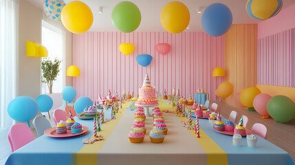 Pastel Birthday Party Setup with Balloons and Cupcakes