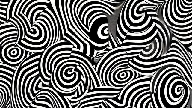Abstract black and white pattern of swirling concentric circles and lines
