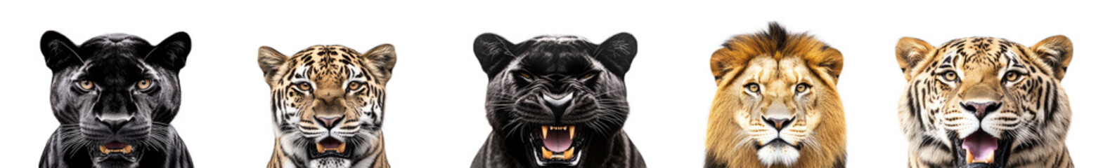 Obraz premium Five Big Cats - Panther Tiger Leopard Lion And Tiger - Faces Looking Forward