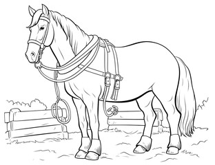 A coloring page of an elegant shire horse wearing a saddle and bridle.