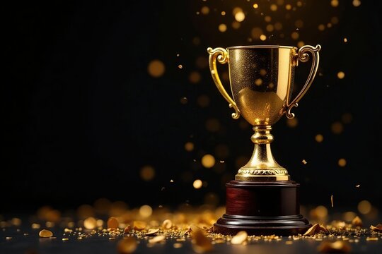 Black background, shimmering golden confetti, winner's cup, cup, confetti, achievement