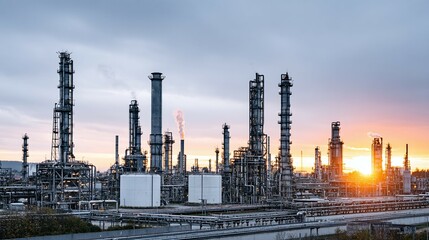 Obraz premium Industrial complex with towers and tanks under a cloudy sky with sunset glow.