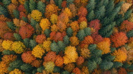 Aerial View of an Alpine Forest in Autumn with Red Orange and Yellow Leaves