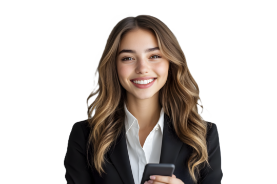 Young businesswoman with smartphone, isolated on white or transparent background - Powered by Adobe