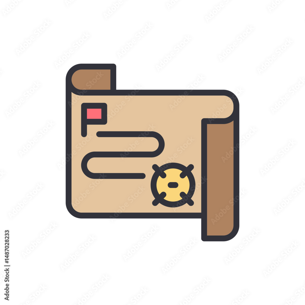 Poster stylized treasure map with route and destination on transparent backdrop