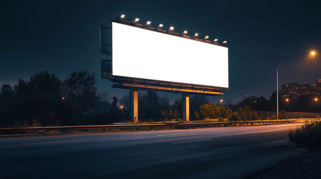 Night view of a roadside billboard lit up, with PNG Transparent Cutout for ad content and personalized branding.