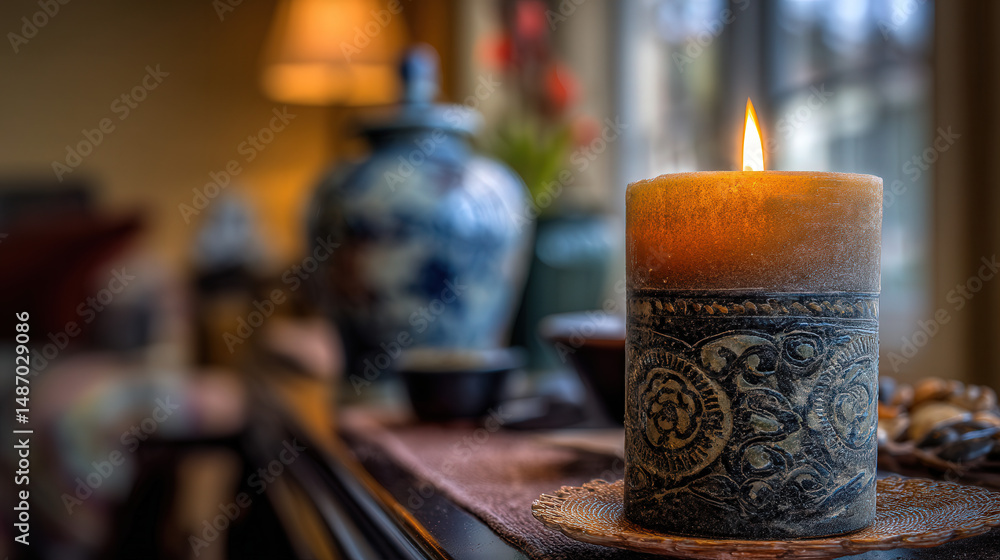 Aufkleber close-up of a lit candle in the foreground with a softly blurred background setting and warm ambient