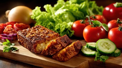 Crispy tofu with fresh vegetables on a wooden board.