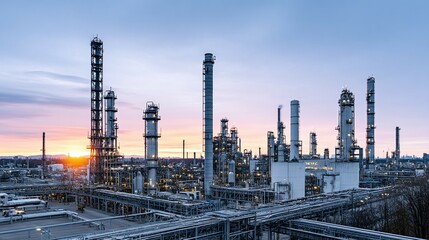 Fototapeta premium Industrial complex with towers and pipes against a sunset sky.