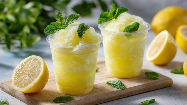 Refreshing lemon slush in clear cups with mint garnish.