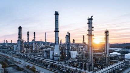 Obraz premium Industrial complex with tall smokestacks and pipelines against a sunset sky.