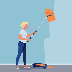 Woman painting wall with roller brush in home interior renovation project vector illustration 